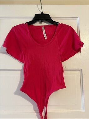 Free People Hot Pink Short Sleeve Scoop Neck Bodysuit